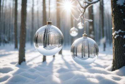 The primary subject of the image is a pair of ornaments, which are glass Christmas balls. They are hanging from a tree, creating a festive and holiday atmosphere. The setting is a snowy environment, with the ornaments reflecting the light and adding a touch of sparkle to the scene. The visual style of the image is a photo, capturing the beauty of the ornaments and the surrounding snowy landscape. The colors and mood of the image are predominantly white and cold, with the snow and the orn